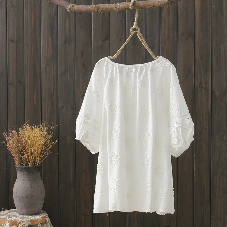 KYQIAO Плюс Размер Женская одежда camisas mujer Женская летняя Бохо Этническая свободная О-образным вырезом белая вышивка плотная блузка рубашка