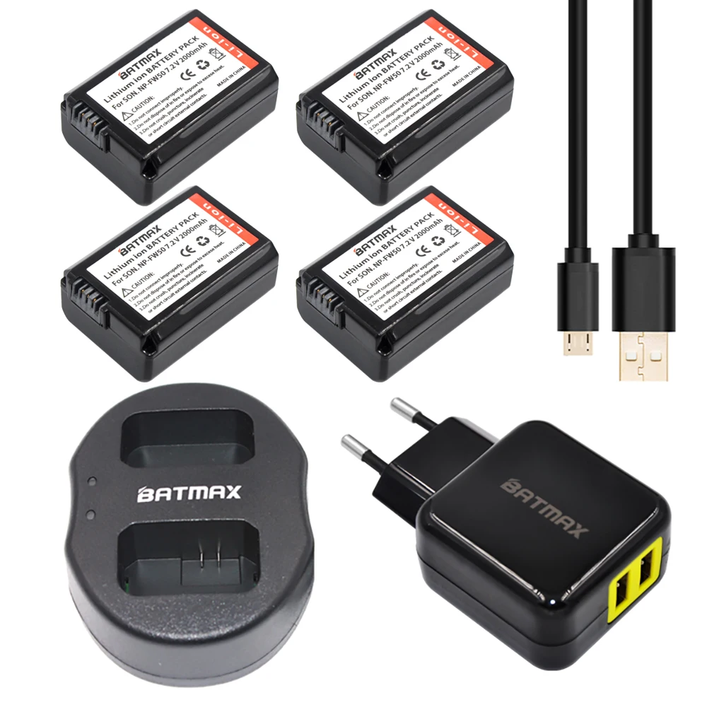 4Pcs 2000mAh NP FW50 NPFW50 NP FW50 Batteries + USB Dual Charger + AC Adapter Power Plug Sony