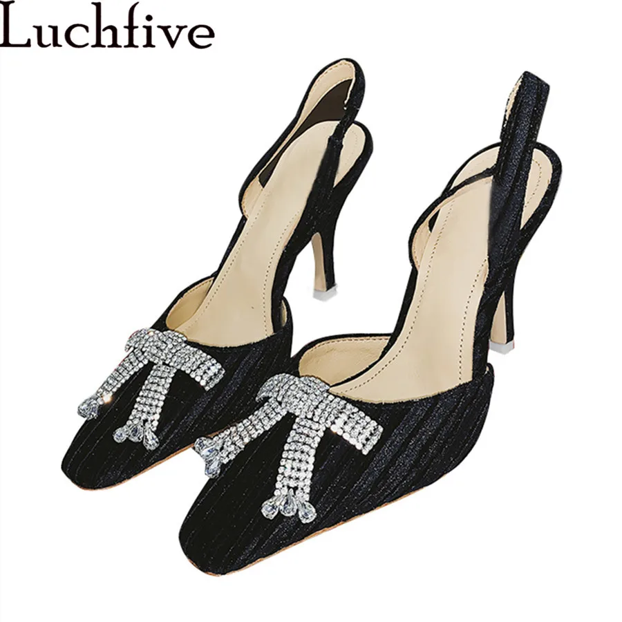 

Luchfive Crystal Butterfly-knot Sandals Women Slingbacks Slip-on Summer Thin High Heels Genuine Leather Runway Sweet Party Shoes