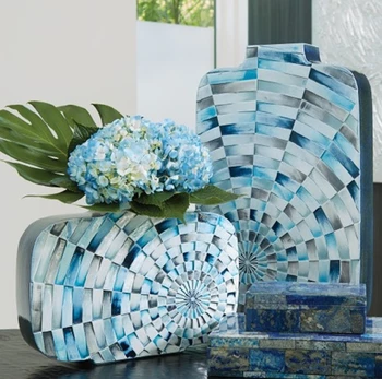 

European Blue Geometric Square Brick Pattern Flat Body Ceramic Vase Living Room Flower Decoration