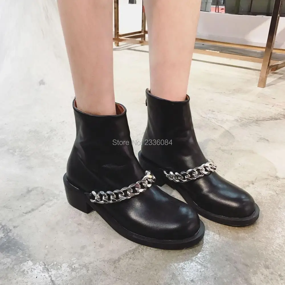 

Fashion Zipper Women Booties Autumn Shoes Round Toe Low Chunky Heel Motorcycle Boot Black Leather Gold Silver Chain Ankle Boots