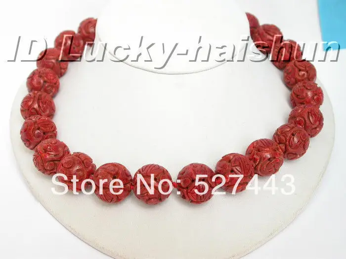 

Wholesale 18mm natural round carved red sponge coral necklace