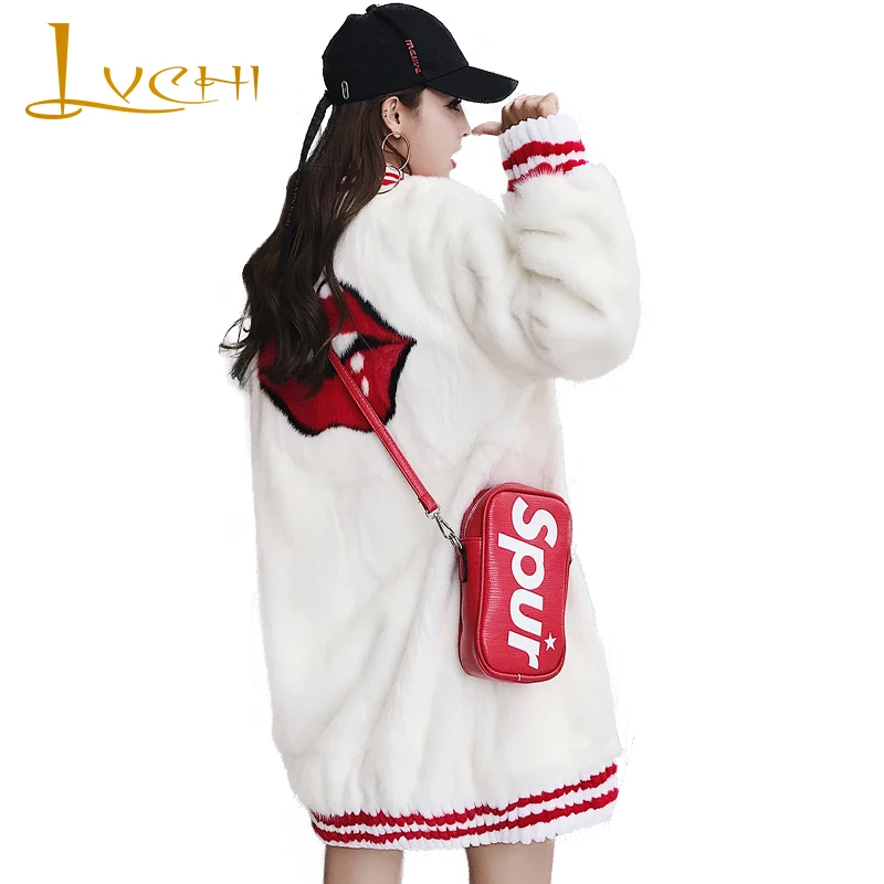 Женское Норковое Пальто с длинным рукавом круглым вырезом и принтом|real mink fur coat|mink