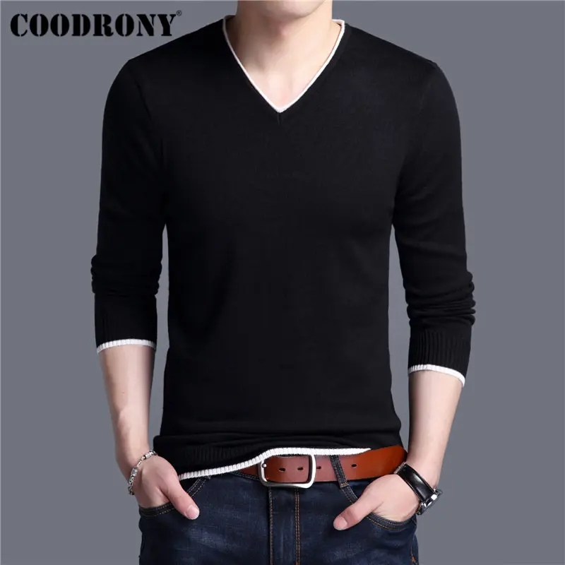 Cena COODRONY męskie swetry 2019 wiosna jesień kaszmirowy bawełniany sweter mężczyźni dzianina koszula Pull Homme Casual sweter z dekoltem typu v neck Men 91012