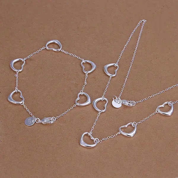 

S186 Wholesale, free shipping 925 silver jewelry set, fashion jewelry set Five Hollow Heart Bracelet Necklace Jewelry Set
