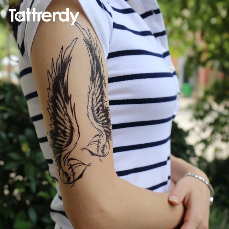 Вспышка черная Татуировка водонепроницаемые женские сексуальные Крылья Ангела на плечо Поддельные Временные татуировки наклейки для мужчин на тело живопись C051