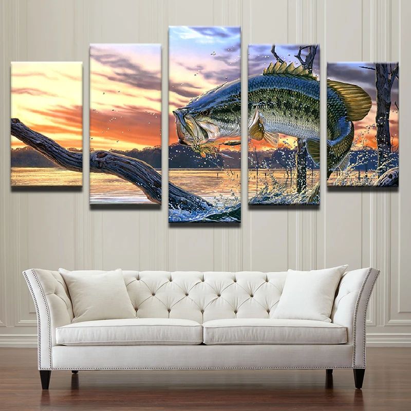 Wall Art Poster Home Decor Living Room Canvas Print Cartoon Painting 5 Panel Fishing Rod Landscape Animal Modular Pictures Frame