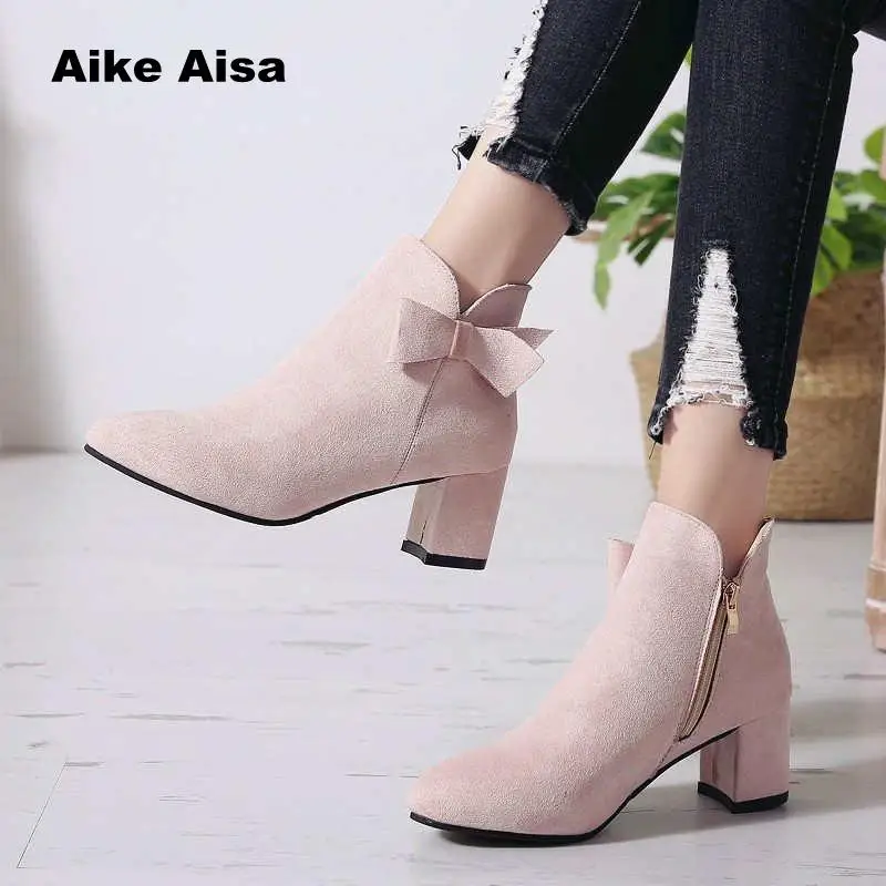 

2018 Women Boots Round Head Suede Ankle Thick Heel High Heels Shoes Female Socks Autumn Winter Martin Boots Zapatillas Mujer