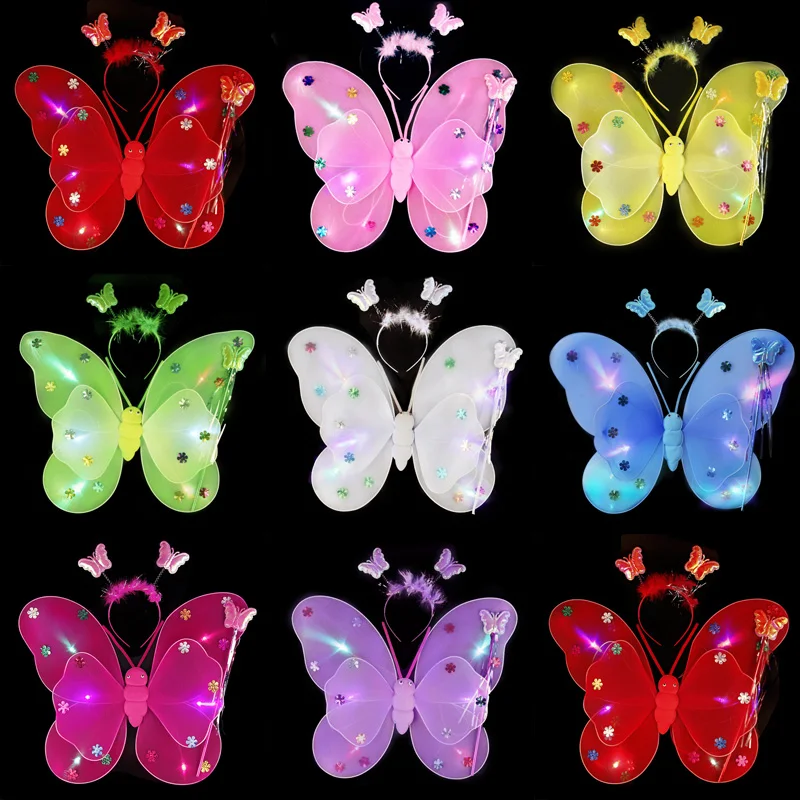 

Free Shipping Sequin butterfly wings three sets of light emitting wedding party party supplies performance props dress costumes