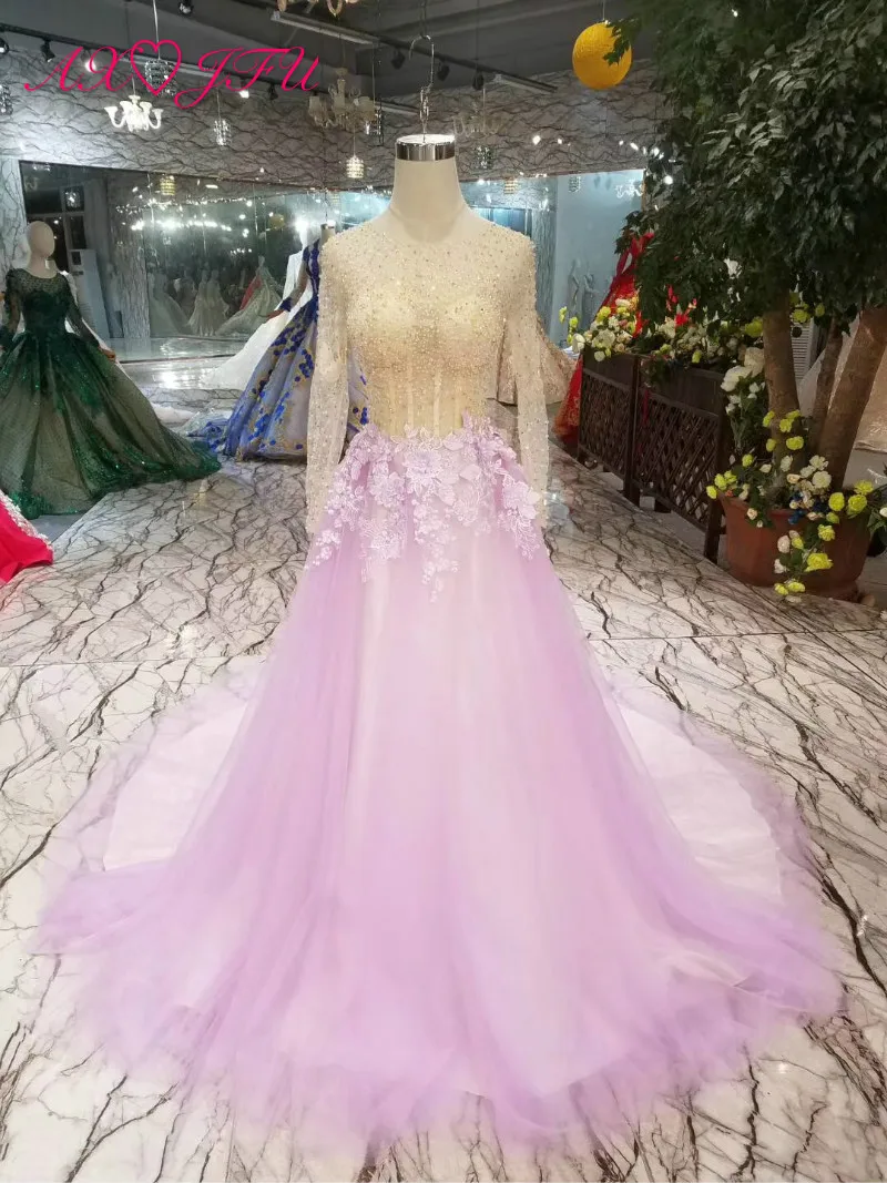 AXJFU Роскошные принцессы розовое кружевное вечернее платье винтажные Бисероплетение Хрустальный цветок с длинными рукавами розовый