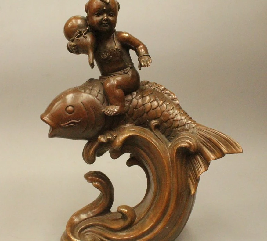 

13"Lucky Chinese Bronze Cucurbit Wealth Fu Kid With Coin Ride Year Fish Statue