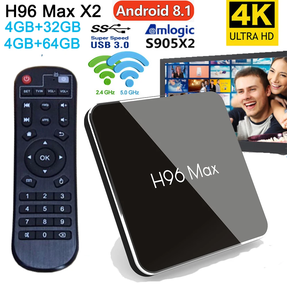 

H96 Max X2 Android TV Box Amlogic S905X2 Quad Core ARM Cortex A53 DDR4 4GB 32GB/64GB Support 2.4G/5G Dual WIFI 4K H.265 Youtube