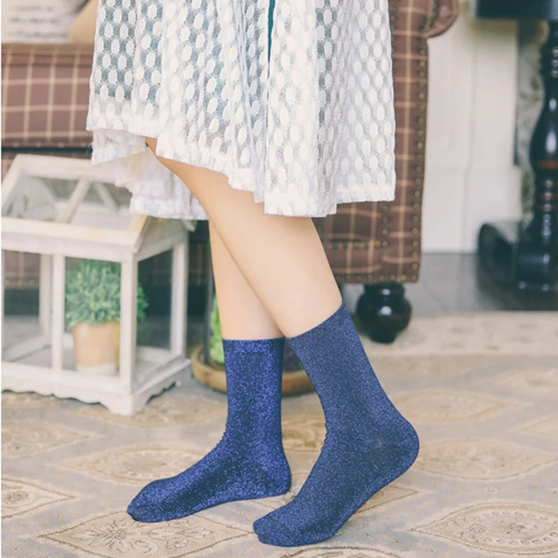 1pair Fashion Shinning Metallic Glitter Socks Women Breathable Silk