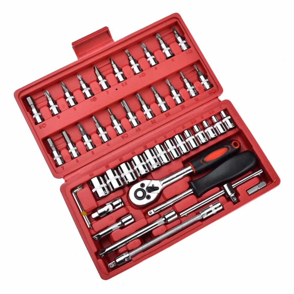 

46Pieces Socket Ratchet Wrench Tool Case Precision Sleeve Universal Joint Hardware Kit bike Repairing 1/4" Tool Set with Box