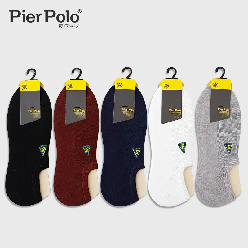 5 пар Марка Pier Polo вышивка сетки Невидимый Для мужчин; носки в повседневном стиле из чесаного хлопковые носки-тапочки короткие мужские носки