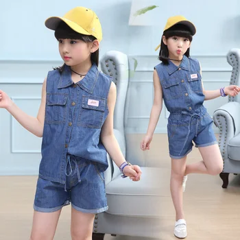 

JMFFY 2019 Summer Children's Clothing Girls Suit Sleeveless + Short Pants Toddler Tops Denim Shorts Kids Set Girl Buttons Cowboy