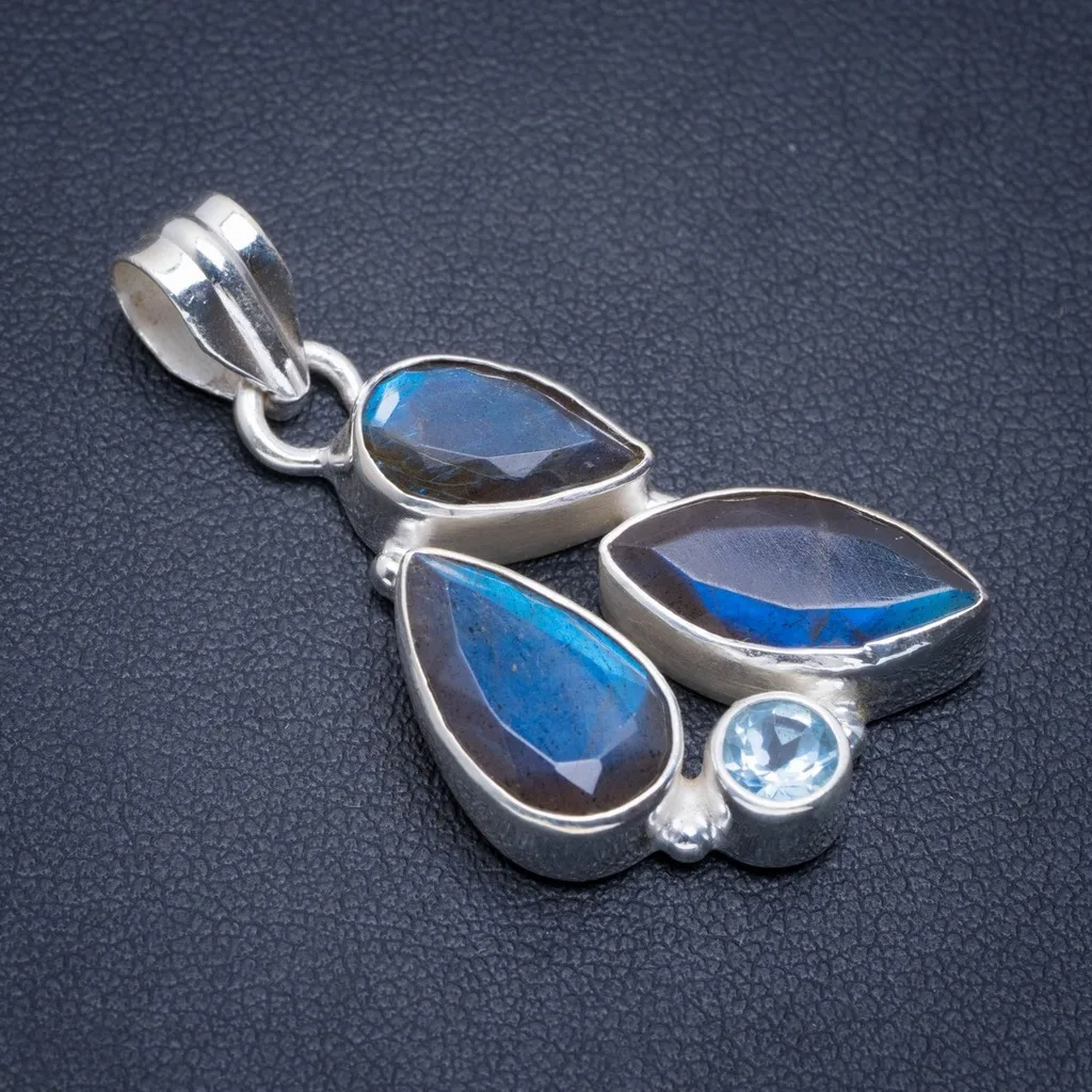 

Natural Blue Fire Labradorite and Blue Toapz Handmade Unique 925 Sterling Silver Pendant 1.5" A1866