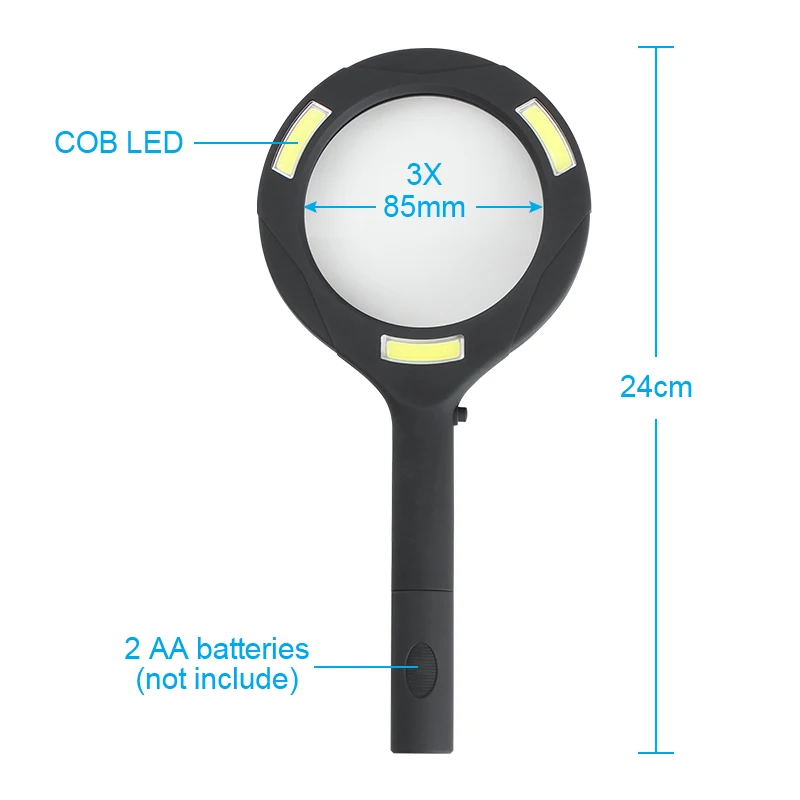 AOMEKIE 3X лупа 3 COB светодиодный супер яркий светильник ручной увеличительное стекло прочная прорезиненная ручка газетная карта помощь для чтения - Цвет: Черный