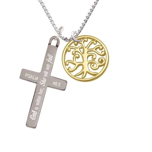 Gold Tone Tree of Life Cutout - She will not Fall - Cross Necklace (1)