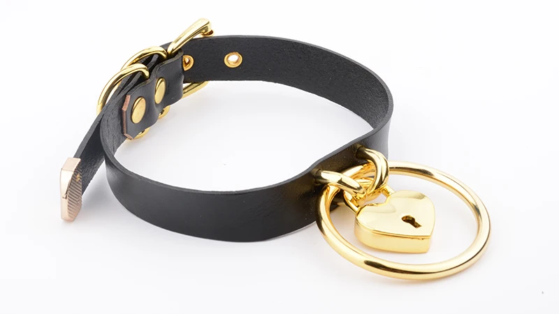 Punk Gothic Hand Crafted 100% Real Leather Choker 60mm O Round Gold Collar Kawaii Love Heart Necklace Women Lockable BDSM Choker 7