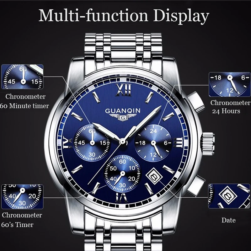 GUANQIN, новинка, мужские часы, Лидирующий бренд, Роскошные Кварцевые бизнес часы с хронографом, для плавания, наручные часы, relojes hombre
