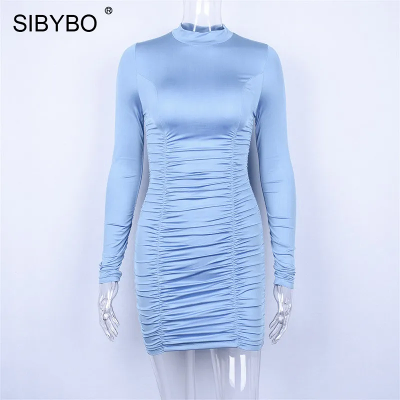 Sibybo Turtleneck Long Sleeve Autumn Dresses for Women Fashion Sheath Pleated Mini Dress Women Black Casual Women Dresses Winter