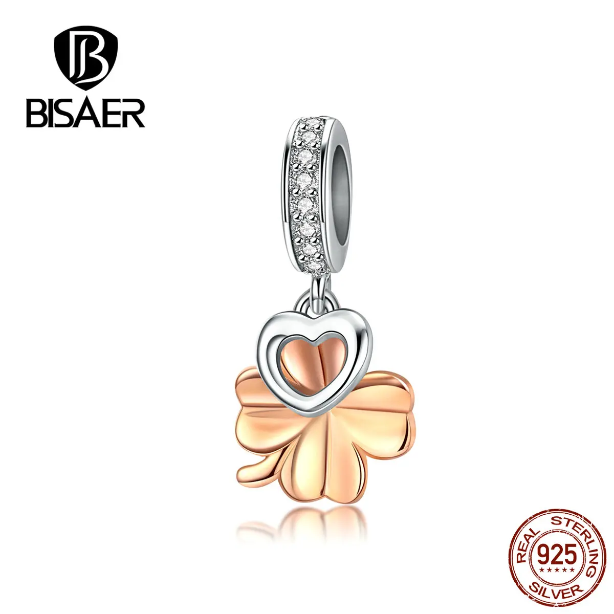 BISAER 925 пробы Серебряный цветок клевера бусины розовое золото цвет клевер подвеска в виде сердца подходят браслеты серебряные ювелирные изделия ECC1238