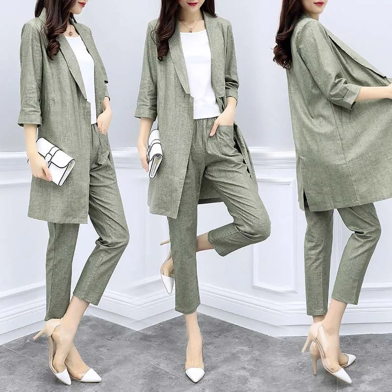 

New Women's clothing spring and summer long section cotton and linen suit jacket nine pants casual fashion suit two-piece