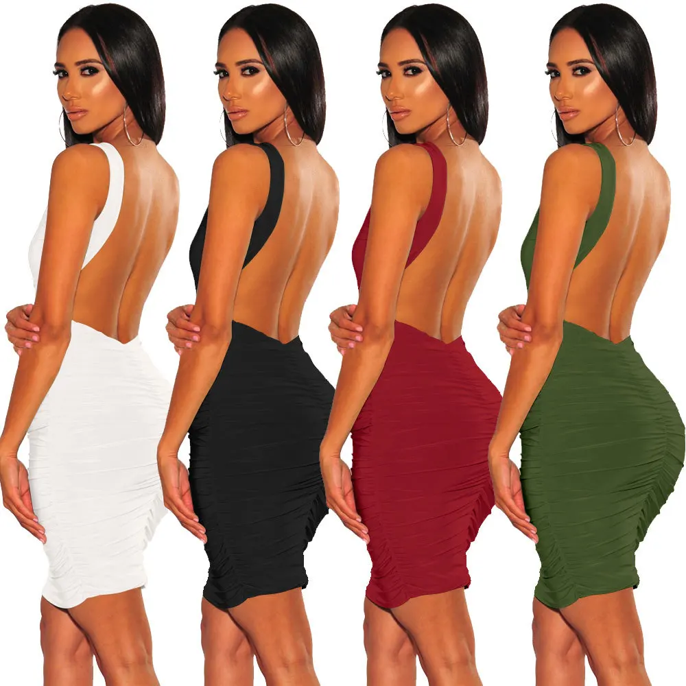 

European And American Sexy Club Backless Crease Fashion Dress Basic Dress