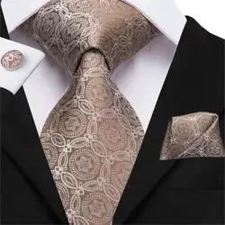 Привет-галстук Роскошный шелк Мужская мода коричневый цветочный шейный платок Набор Запонок Для мужчин; Свадебная вечеринка деловой