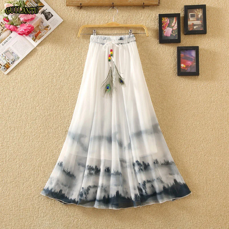 

Print long skirt women pleated Elastic high waist midi wrap skirt female school cute festival summer retro ruffle Streetwear