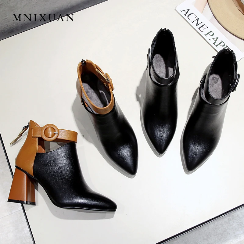 

MNIXUAN Stitching PU solid winter women shoes ankle boots back zipper thick high heels 7cm height belt buckle short boots size43