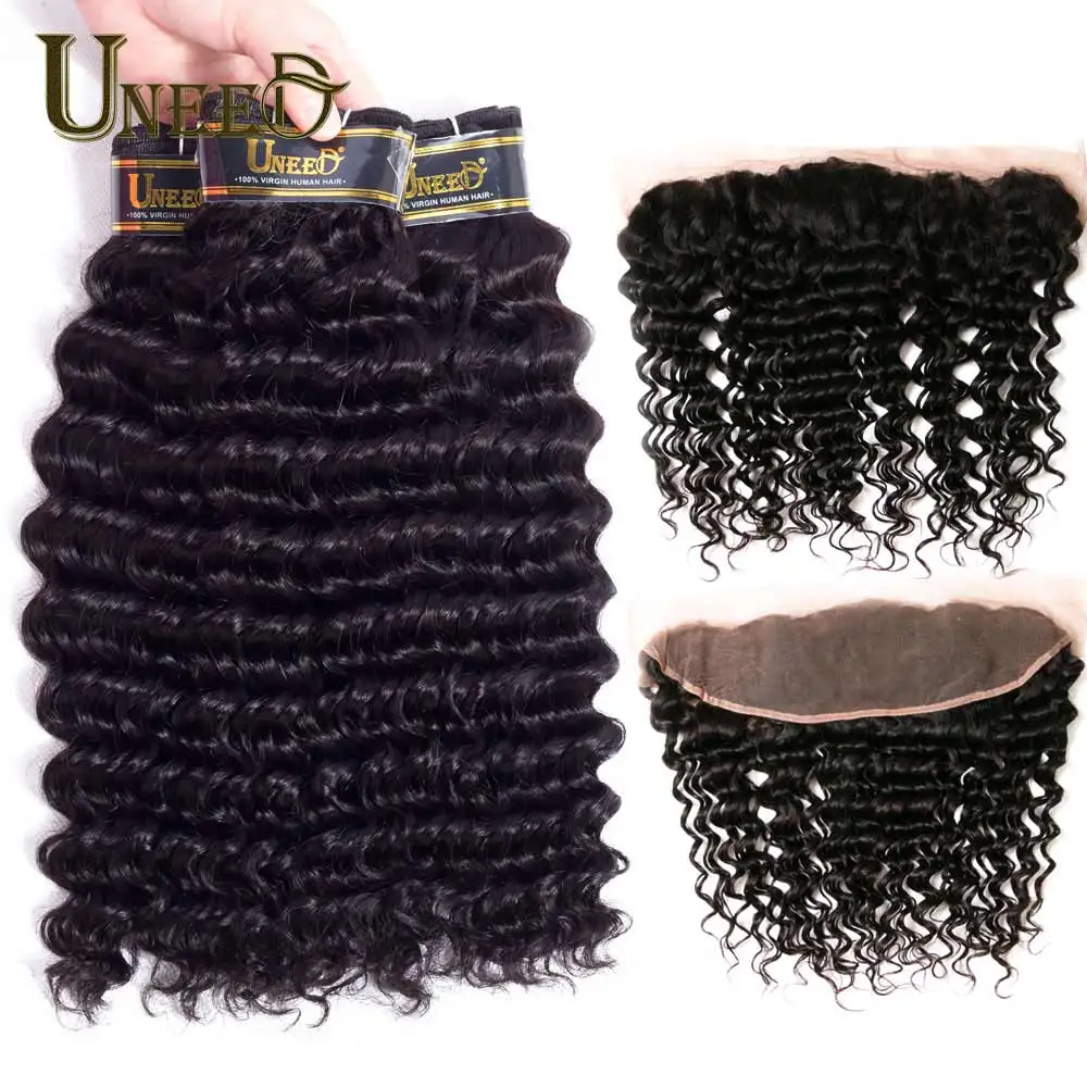 

Uneed Deep Remy Hair Weaves Lace Frontal Closure With Bundles Malaysian Deep Wave 100% Human Hair 3Bundles With Closure Frontal