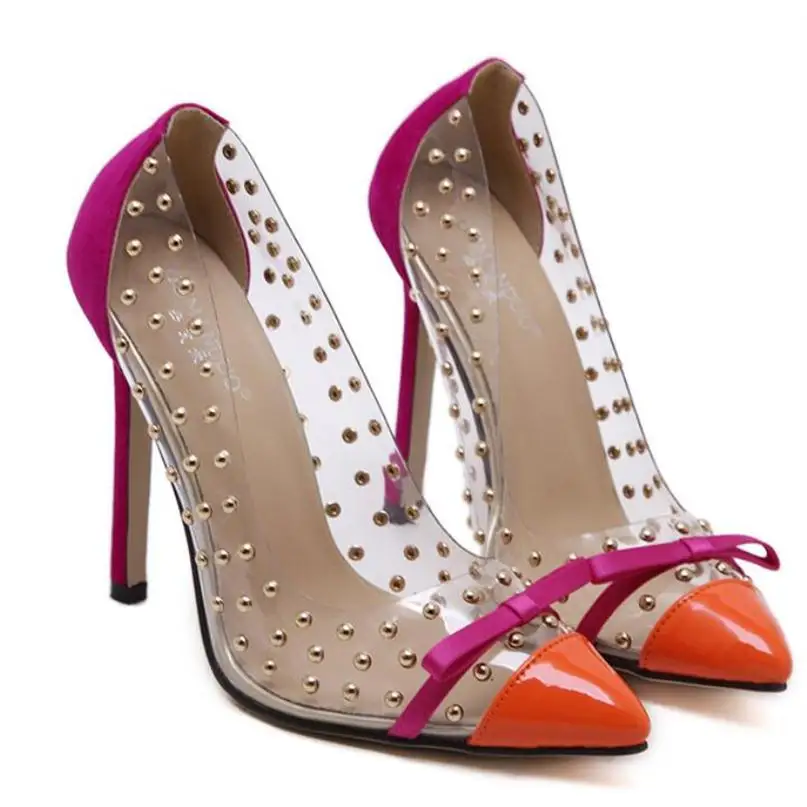 BAYUXSHUO Rivets High Heels New Transparencies High Heels Brand Shoes Pointed Toe Women Pumps Sapato Feminino Shoes Plus Size