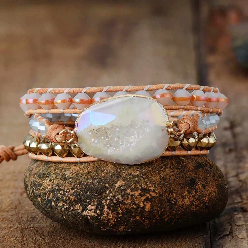 

High End Women Wrap Bracelet Gilded Onyx Druzy 3 Times Leather Strap Bracelets Multilayers Beadwork Bracelet Dropship