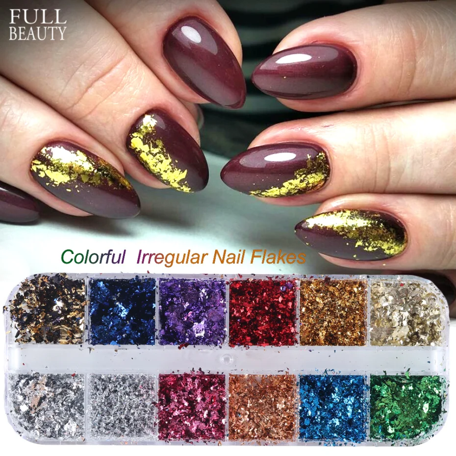 

12 Grid Broken Paillette Nail Glitter Irregular Mirror Nail Flakes Sequins Holographic Powder Nail Decoration Gel Polish CH950-1