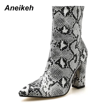 

Aneikeh Women Zipper Boots Snake Print Ankle Boots Square Heel Fashion Pointed Toe Ladies Sexy Shoes 2018 New Chelsea Boots