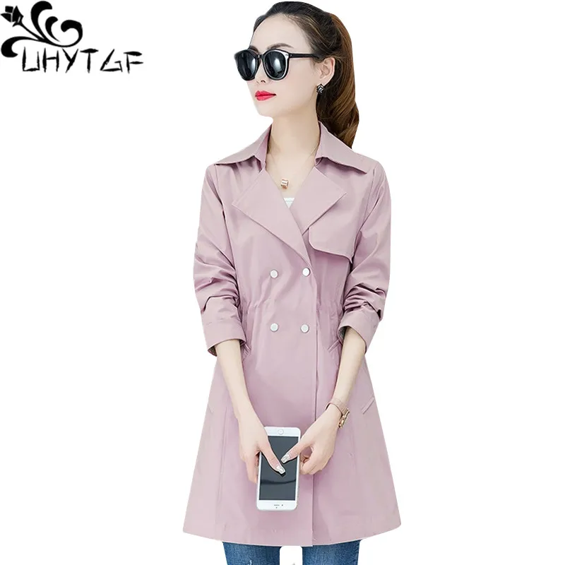 

UHYTGF Mid-length womens Spring autumn Windbreaker coat Fashion Female plus size outerwear Double-breasted Casual thin coats 461