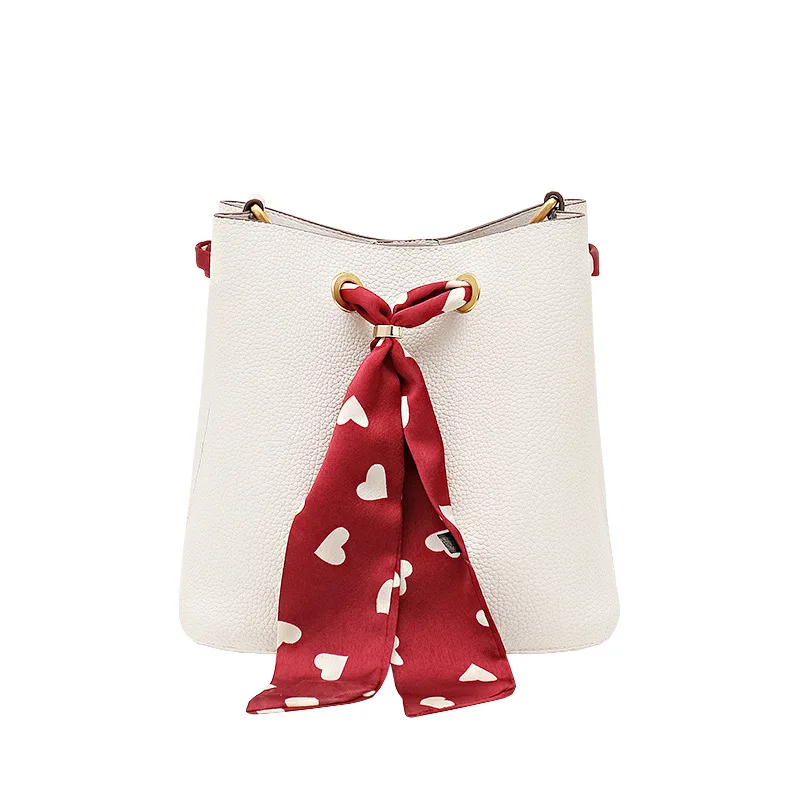 

Simple Style Solid Color Bucket Bag Women Leather Messenger Bag with Scarf