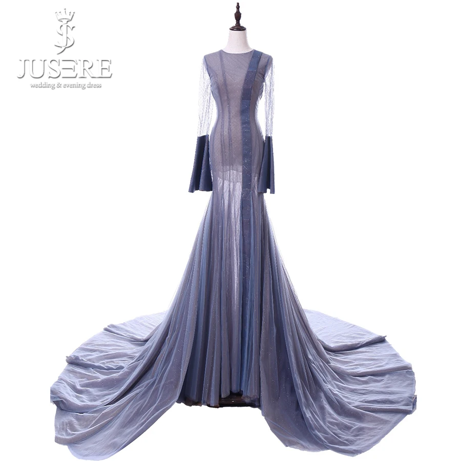 

Long Elegant Purple Gown Jewel Neckline Open Back Pleat Train Shiny Fabric Illusion With Lining Skirt Cuff Evening Dress 2018