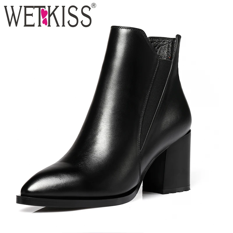 

WETKISS 2018 High Quality Natural Leather Ankle Boots Women Shoes High Thick Heels Zipper Female Boot Pointed toe Lady Footwear