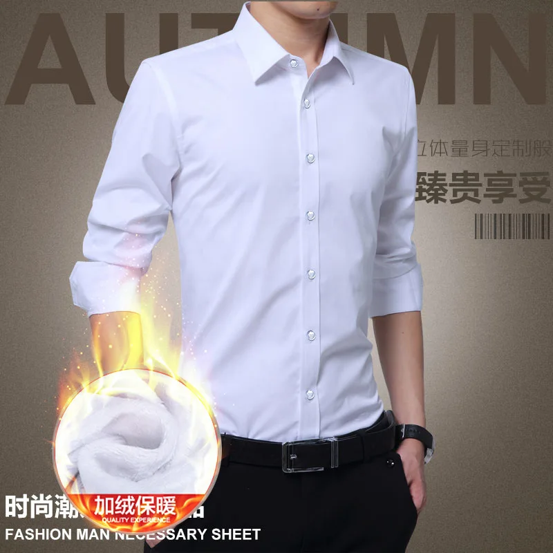Модная зимняя флисовая рубашка с длинными рукавами для мужчин, большие размеры 4xl, облегающие теплые мужские рубашки - Цвет: Белый