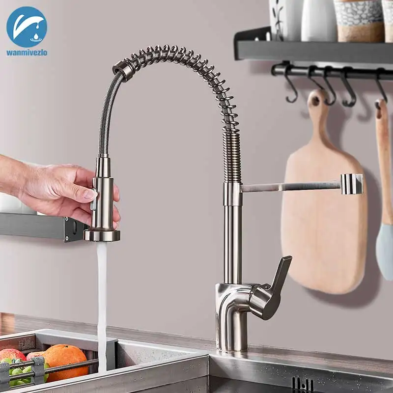 

Brushed Nickel Pull Out Spring Kitchen Faucet Single Handle Mixer Tap 360 Rotation Hot Cold Mixer Deck Mounted Kitchen Tap Mixer
