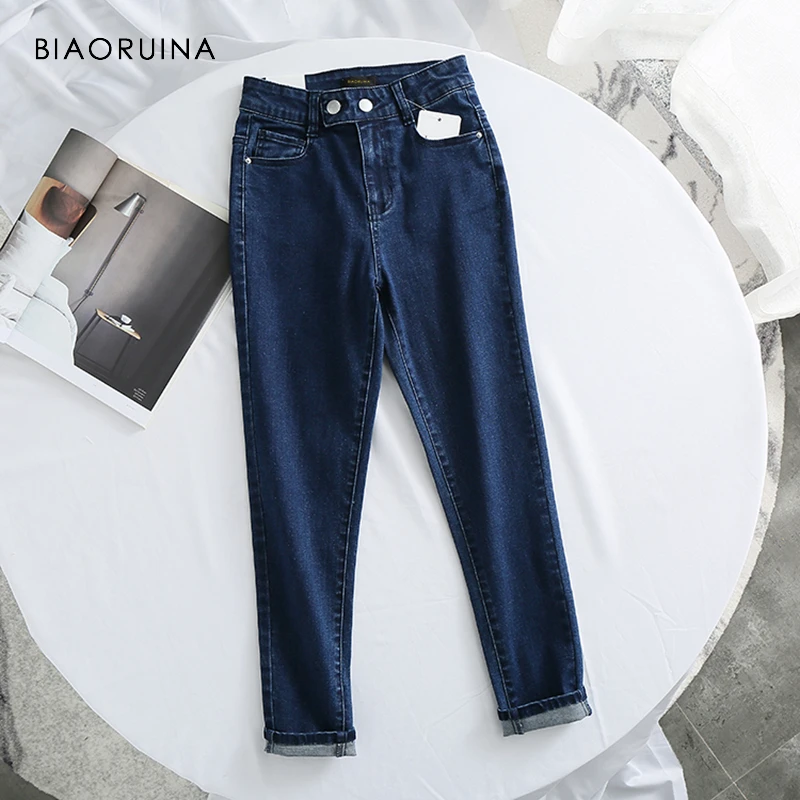 BIAORUINA, женские модные выбеленные джинсы, женские повседневные узкие джинсы-карандаш с высокой талией, джинсы для девочек, уличная одежда