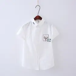 Хлопковая рубашка Для женщин летние шорты рукавом отложным воротником БЕЛЫЕ РУБАШКИ вышивка для Дамская мода милые топы и блузки женские