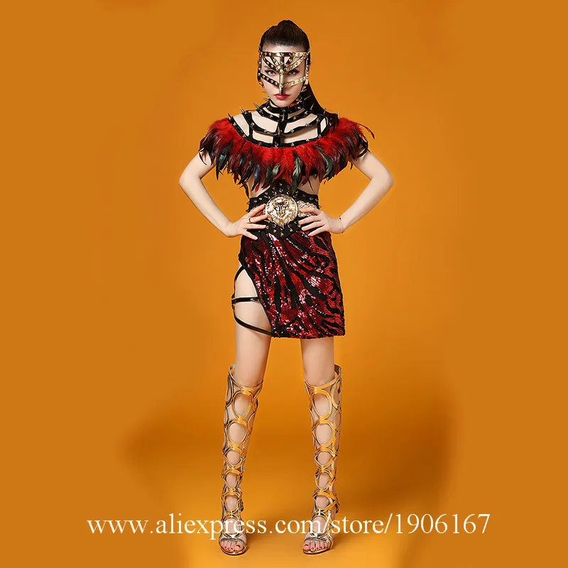 

TV Show Female Singer Dance Team Clothes DS Sexy Lady Evening Dress DJ Red Feathers S Performance Ballroom Costumes