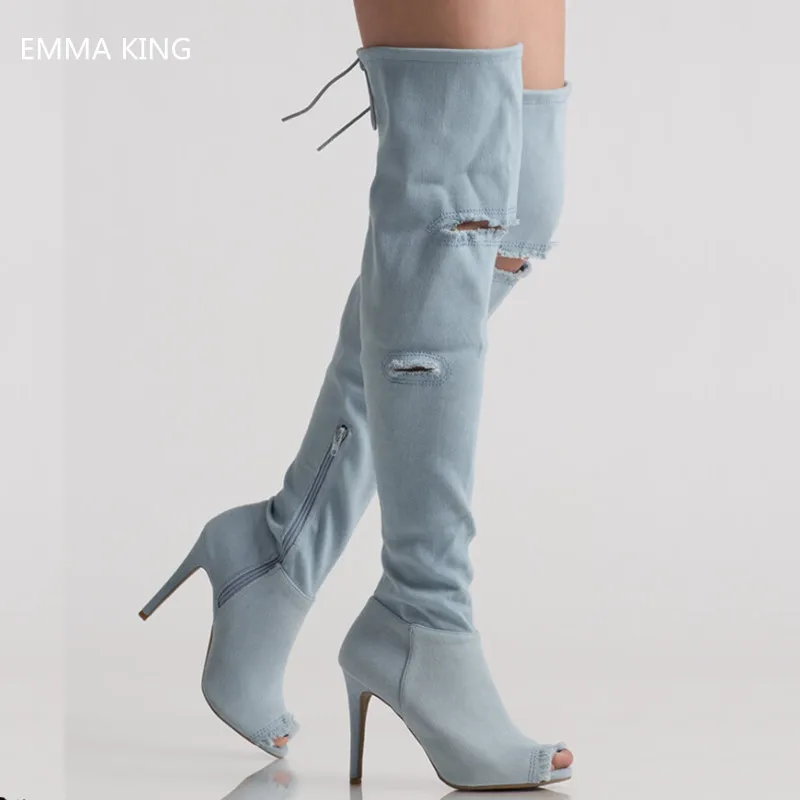 

New Denim Stilettos Thigh High Boots For Women Thin Heels Peep Toe Botas Mujer Lace Up Zipper Sexy Ladies Shoes Plus SizeEU34-43