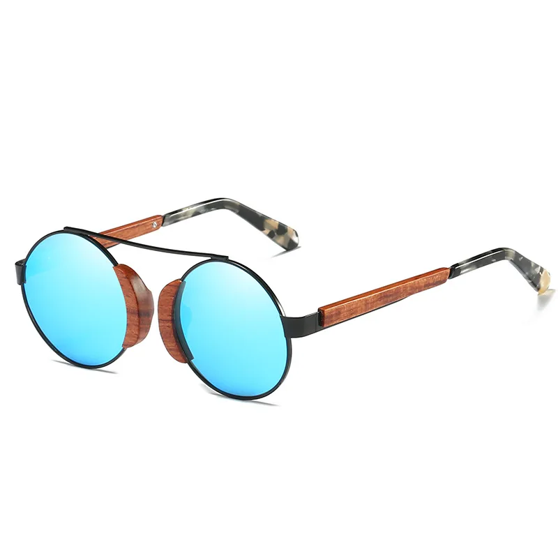 CIVICHIC ретро деревянные поляризационные круглые солнцезащитные очки, мужские бамбуковые очки, женские брендовые дизайнерские очки с зеркальными линзами UV400, lunetes KD050 - Lenses Color: Blue