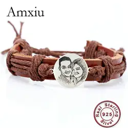 Amxiu пользовательский браслет с фото 925 стерлингового серебра ювелирные изделия для женщин и мужчин аксессуары регулируемые кожаные