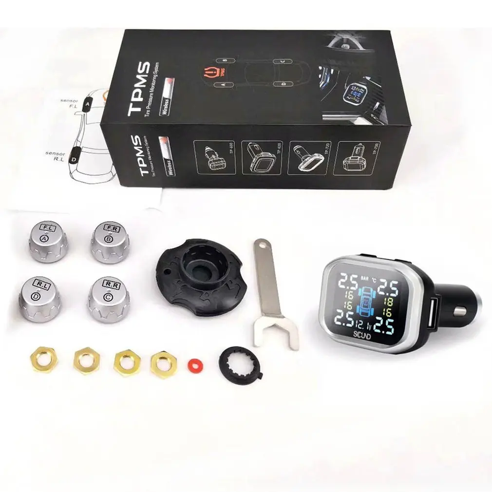 

Tire Pressure Monitoring System Wireless TPMS Monitor with 4 External Sensors Cigarette Lighter Plug Adjustable Display Angle